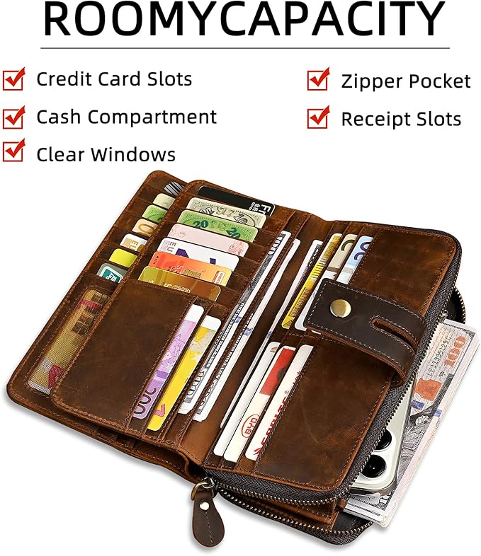 Genuine Crazy Horse Leather Travel Gift Coin Pocket Card Case Long Organizer Chain Rfid Wallet Purse With Snap For Men Male 1803 1815 (1814 Brown)