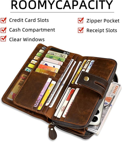 Genuine Crazy Horse Leather Travel Gift Coin Pocket Card Case Long Organizer Chain Rfid Wallet Purse With Snap For Men Male 1803 1815 (1814 Brown)