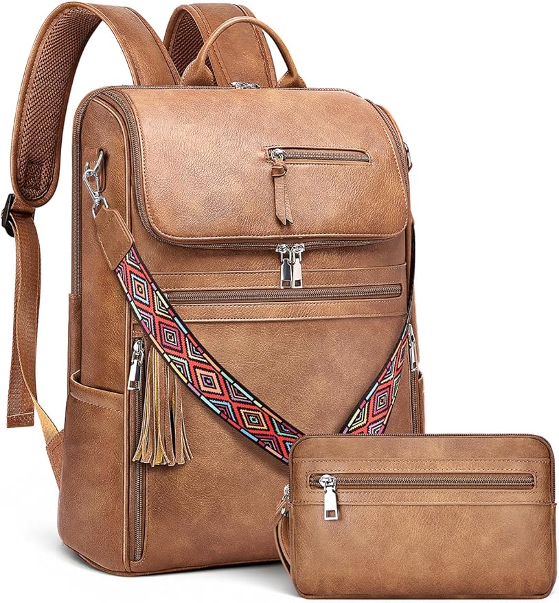 SYTRAH Leather Laptop Backpack for Women Designer Laptop Bag, 16.5 inch Travel Computer Backpacks Purse with Tassel for Work Business with Satchel Purse Brown