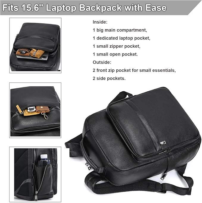 Durable Genuine Leather Backpack - 15.6 Inch Laptop Bag for Business Commute & Travel, Large Capacity Multi-Pocket Backpack for Men/Women, Black