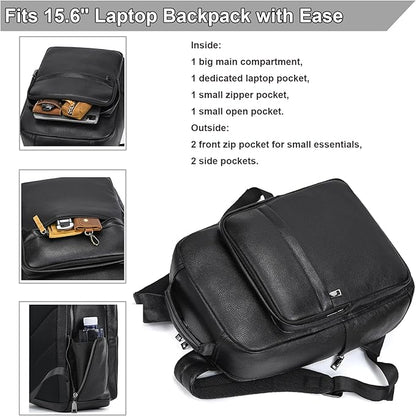 Durable Genuine Leather Backpack - 15.6 Inch Laptop Bag for Business Commute & Travel, Large Capacity Multi-Pocket Backpack for Men/Women, Black
