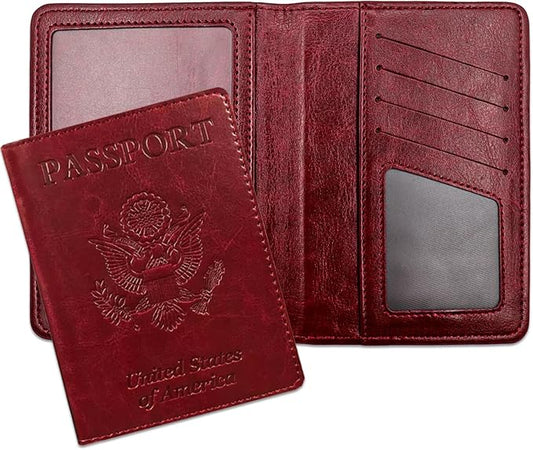 Passport Holder for Travel Essentials RFID Blocking Wallet Card Case PU Leather Passport Cover Women and Men (Wine)