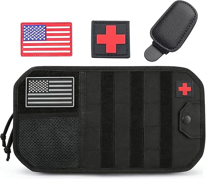 Molle Visor Organizer For Car, 1000d Polyester Tactical Panel With Double Zipper Multi-Pockets & Glasses Clip And 3 Replaceable Velcro, Semi-Rigid Molle Panel, Perfect For Pickup Trucks Suv、 Sedan