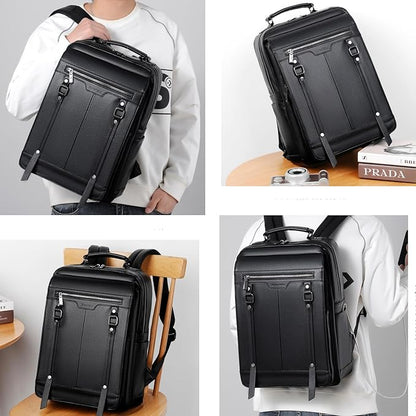 CHAO RAN Laptop Backpack for Men Leather Travel Backpack Carry on Flight Approved-Waterproof Medium Backpack Fit 15.6 Inch Notebook for College Business Office Bag with USB Charging Port