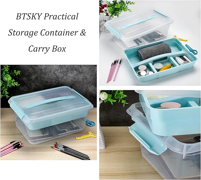 BTSKY Stack & Carry Box, Clear Plastic Storage Container Stackable Home Utility Box with Removable Tray Multi-Purpose Storage Bin for Organizing Stationery, Sewing, Art Craft Supplies(Blue)