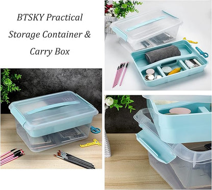 BTSKY Stack & Carry Box, Clear Plastic Storage Container Stackable Home Utility Box with Removable Tray Multi-Purpose Storage Bin for Organizing Stationery, Sewing, Art Craft Supplies(Blue)