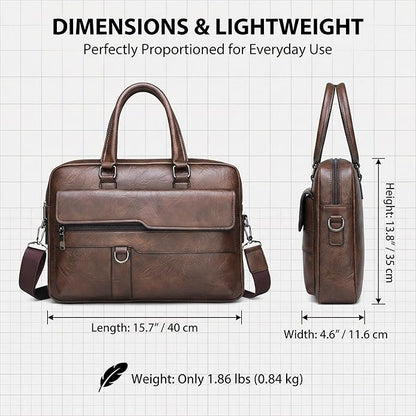 Men's Leather Laptop Bag 15 IN, Water-Resistant Briefcase Messenger Bag for Work, Business, Shoulder Crossbody Office Satchel