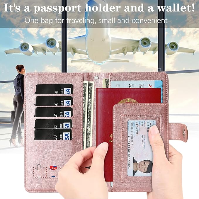 Passport Holder for Travel Essentials, RFID Blocking PU Leather Wallet Cover with Wristlet Strap Magnetic Closure Passport Book Holders Case for Women and Men, Rose Gold