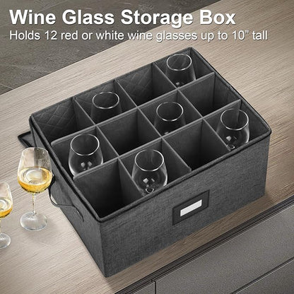 Wine Glass Storage Box 2 Pack, Hard Top Stemware Storage Cases Containers , Stackable Crystal Glass Storage Containers for 24 Glassware Drinkware, with Handles for Moving/Home, 17"x13"x10" Black