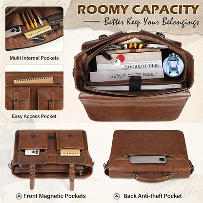 RAINSMORE Messenger Bag for Men 18 Inch Vintage Leather Laptop Briefcase Large Laptop Bag Waterproof Computer Satchel for Office Work Travel College, Brown