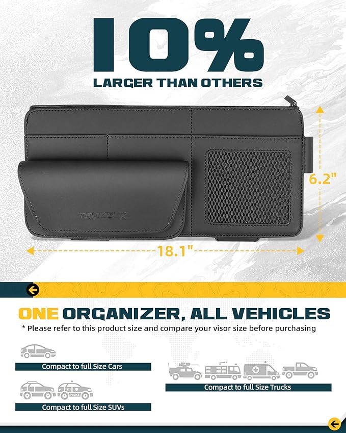 Trumgeta Car Sun Visor Organizer Premium Leather Storage Bag with Magnetic Sunglass Pocket, Extra-Large Zippered Compartment & Anti-Slip Mesh Pocket Sun Visor Organizer for Trucks, SUVs & Cars