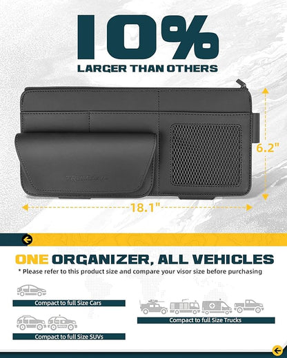 Trumgeta Car Sun Visor Organizer Premium Leather Storage Bag with Magnetic Sunglass Pocket, Extra-Large Zippered Compartment & Anti-Slip Mesh Pocket Sun Visor Organizer for Trucks, SUVs & Cars