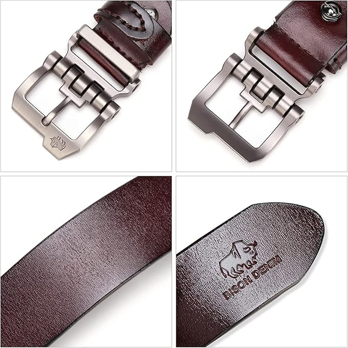 BISON DENIM Men's Belts Leather Dress Genuine Leather Classic Heavy Duty Buckle Belt Casual for Jeans