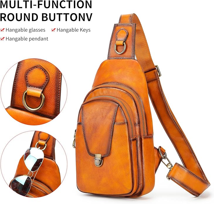 NIUCUNZH Genuine Leather Sling Bag Front Metal-Latch Crossbody Bags Handmade Vintage Chest Shoulder Backpack for Women Men