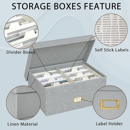Decorative Photo Storage Box - Linen Photo Box Organizer with Dividers, Fits Holds Up to 1700 Pictures and 5x7 Photos, Memory Keepsake Organizer for Photos, Scrapbook Supplies, Cards, Stamps (Grey)