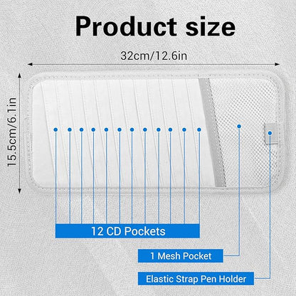 TIESOME CD Case Holder for Car, DVD Vehicle Visor Storage Organizer Large Capacity CD Visor Case Car Sun Visor Organizer with 12 DVD Storage Sleeves 1 Mesh Pocket 1 Pen Holder and Elastic Strap (Grey)