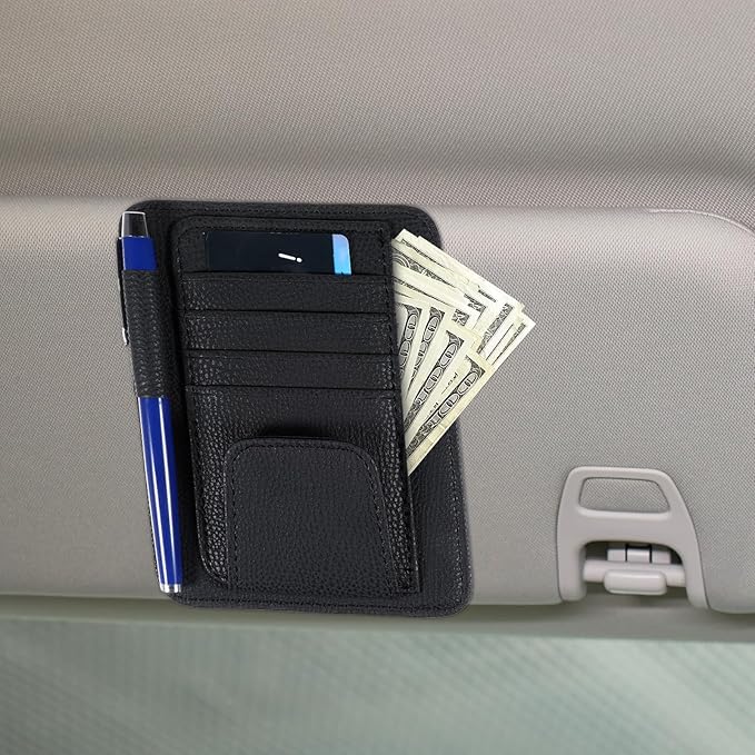 Small Leather Car Sun Visor Organizer and Insurance Card Holder, Auto Car Sun Visor Organizer, Multifunctional Auto Interior Accessories Storage Pocket for Card License Registration Document, Pen, Key