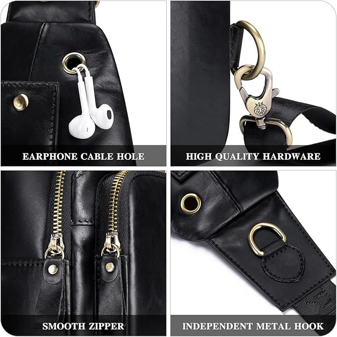 Mens Sling Bag Genuine Leather Crossbody Bags for Men Small Sling Chest Backpack Casual Man Bag Hiking Outdoor, Black