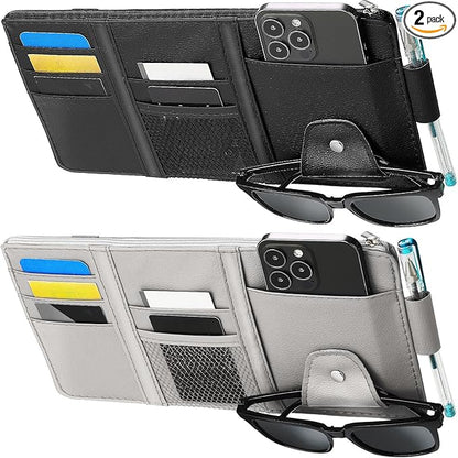 Boao 2 Packs Car Sun Visor Organizer, Sunglasses Holders for Car Sun Visor PU Auto Interior Accessories Storage Travel Document Holder with Multi Pocket (Black, Gray, 12.2 x 6.1 Inches)