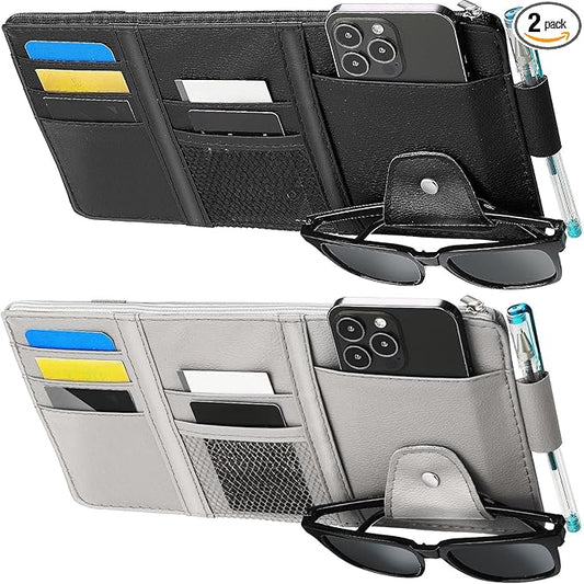 Boao 2 Packs Car Sun Visor Organizer, Sunglasses Holders for Car Sun Visor PU Auto Interior Accessories Storage Travel Document Holder with Multi Pocket (Black, Gray, 12.2 x 6.1 Inches)