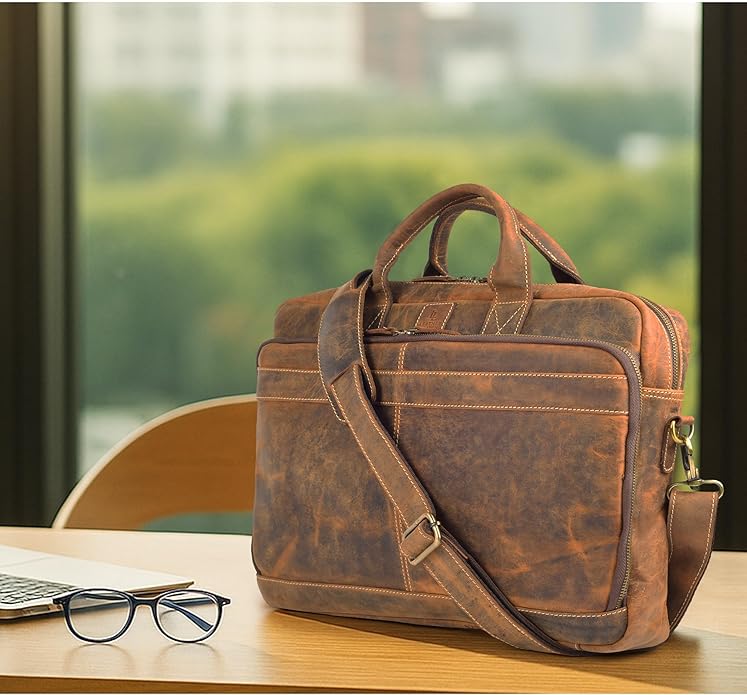 Full Grain Leather Messenger Bag for Men, 16” Briefcase Laptop Satchel Vintage Professional Office Work & Travel Bag
