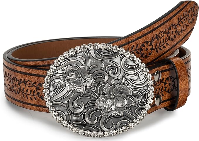 Mealah Vintage Western-Cowboy-Belt for Women Men - Carved Buckle PU Leather Waist Belts (for Waist 28"-38")