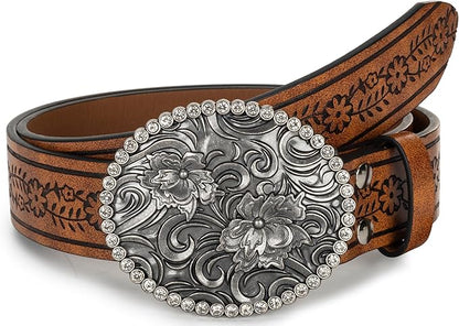 Mealah Vintage Western-Cowboy-Belt for Women Men - Carved Buckle PU Leather Waist Belts (for Waist 28"-38")