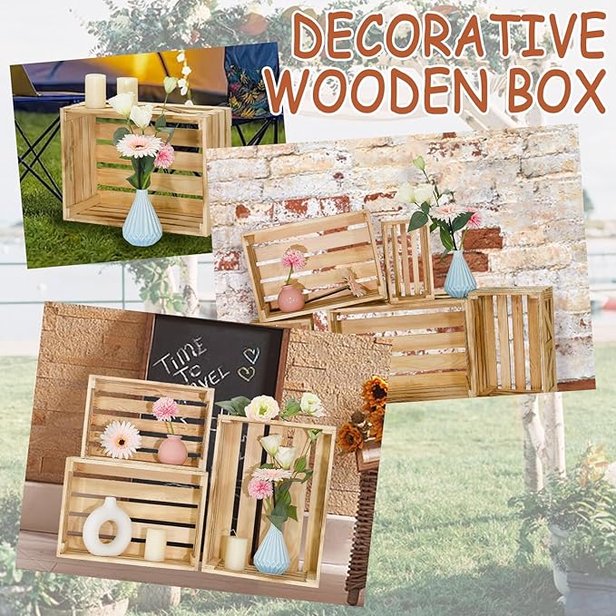 Wooden Crates for Display 5 Pack Wood Storage Crate for Home Rustic Nested Crates with Handles, Farmhouse Wooden Basket for Storage Container and Decorations XL