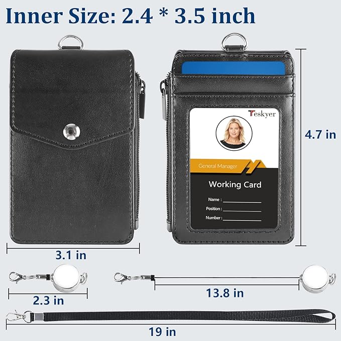 Teskyer Leather Badge Holder with Lanyard and Retractable Badge Reel, 4 Card Slots ID Card Holder with 1 Zipper Pocket for Office School Name Work IDs, Black