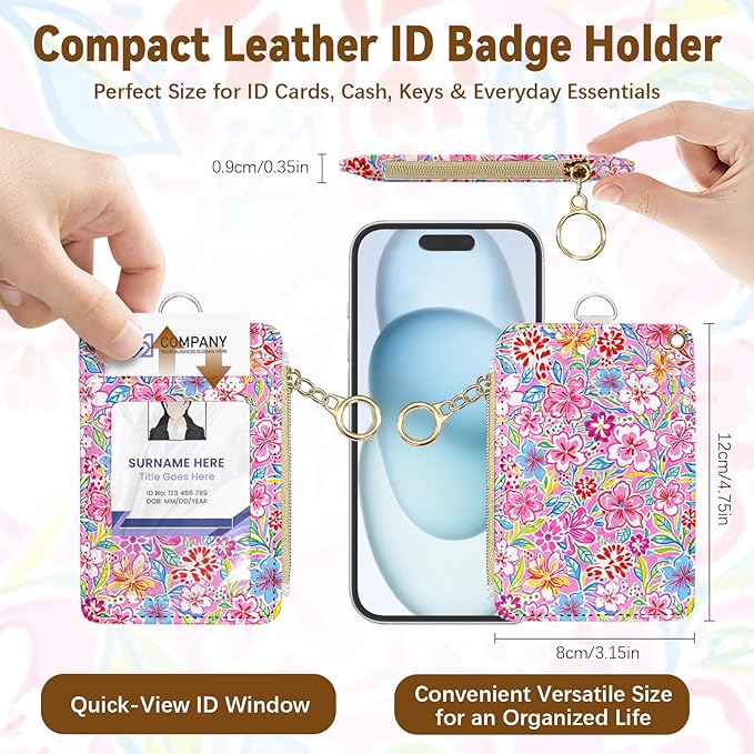 Flower Leather Badge Holder with Zipper Pocket, Beautiful Work Lanyards and 1 Zip Pocket and 4 Card Slots, Breakaway Lanyards with Metal Clasp for Offices, Staff, Adult, Employees