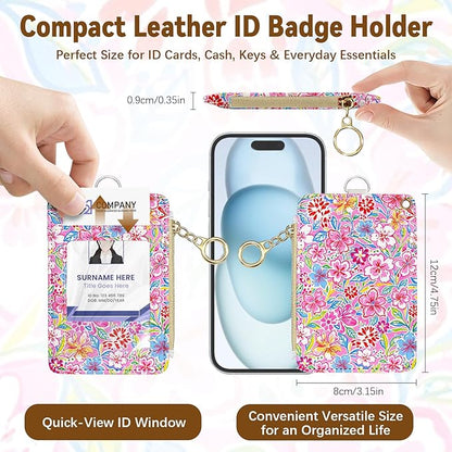 Flower Leather Badge Holder with Zipper Pocket, Beautiful Work Lanyards and 1 Zip Pocket and 4 Card Slots, Breakaway Lanyards with Metal Clasp for Offices, Staff, Adult, Employees