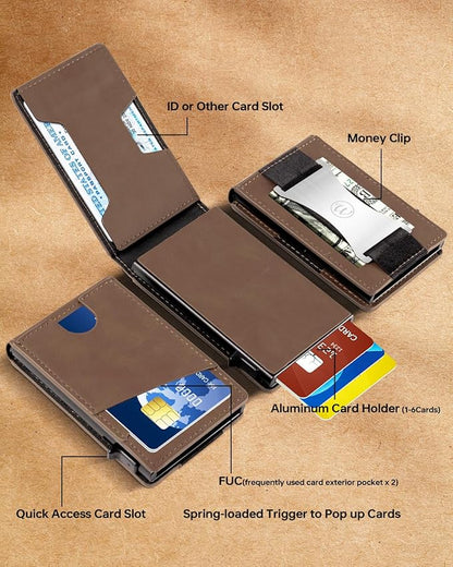 HITTIONA Minimalist Slim Wallet for Men - Mens Wallets Leather with POP UP Card Holder Wallet Fits Front Pocket, RFID Blocking Bifold Men`s Wallets with Metal Money Clip and Box