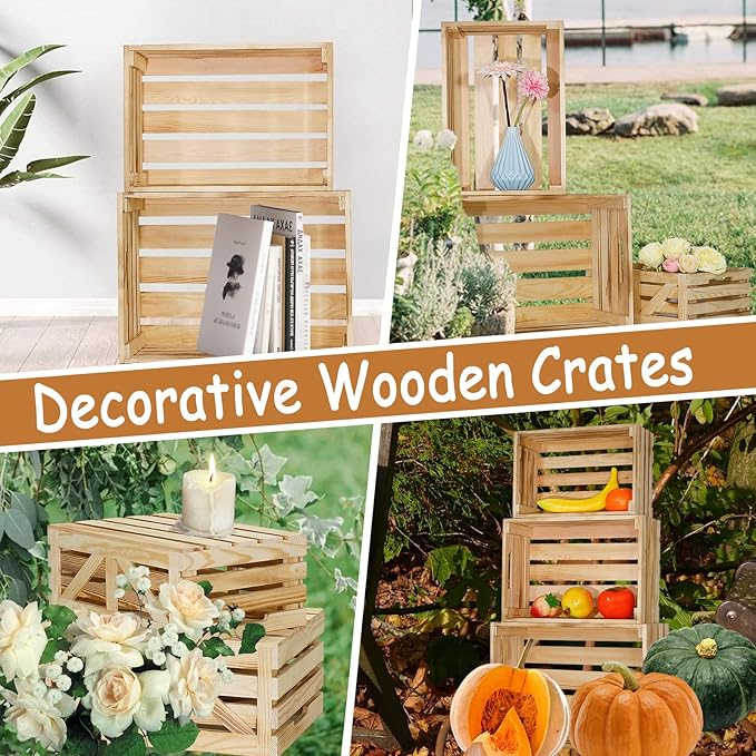 Wooden Crates for Display 5 Pack Wood Storage Crate for Home Rustic Nested Crates with Handles, Farmhouse Wooden Basket for Storage Container and Decorations