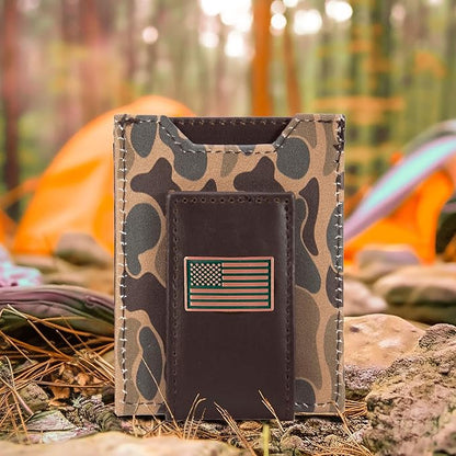 ZEP-PRO USA Flag Men's Magnetic Front Pocket Old School Camo Leather Wallet – Slim Design with Card Slots and Money Clip, Brown/Tan Camo