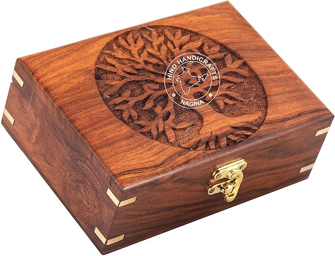 Rosewood Handmade Wooden Urn Tree of Life Engraving Handcarved Jewellery Box for Women-Men Jewel | Home Decor Accents | Decorative Boxes | Storage & Organiser (7" x 5.5" x 3.5", Tree - 2 Plane)