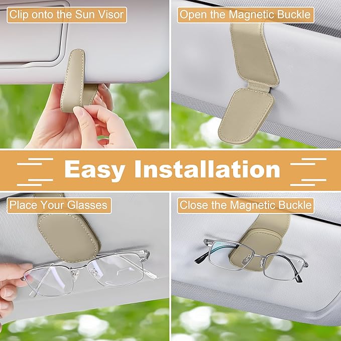 2 Packs Sunglass Holder for Car, Magnetic Leather Car Sunglass Holder, Visor Sunglasses Holder Clip, Sunglasses Clip for Car Visor, Sunglass Holder for Different Size Eyeglasses (Beige)
