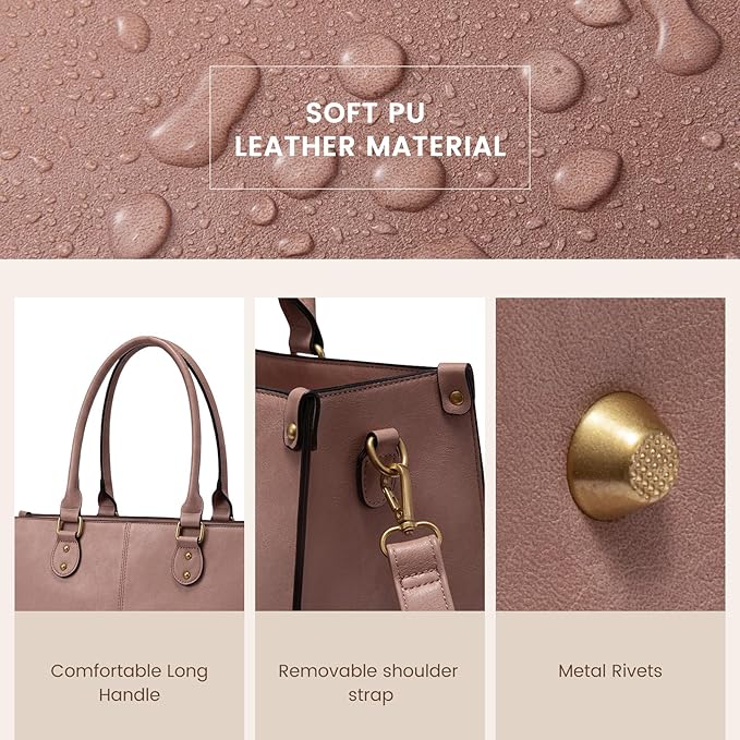 LOVEVOOK Laptop Tote Bag for Women, 15.6 Inch Large Capacity Vintage Leather Work Computer Bag, Business Casual Shoulder Handbag, Lotus Pink