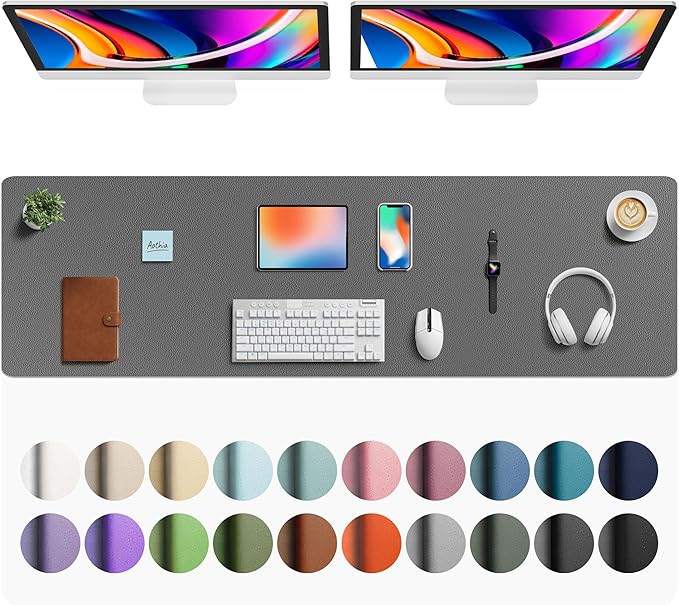 Aothia Faux Leather Desk Mat - Large Mouse Pad, Non-Slip PU Leather Blotter, Waterproof Writing Surface for Office and Home (Grey, 63" x 17")