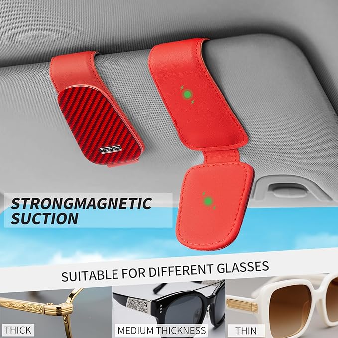 T-carbon Sunglass Holder for Car Sun Visor,Magnetic Leather Sunglasses Hanger,Glass Fiber Sunglasses Holder and Ticket Card Clip, Car Visor Accessories,Red