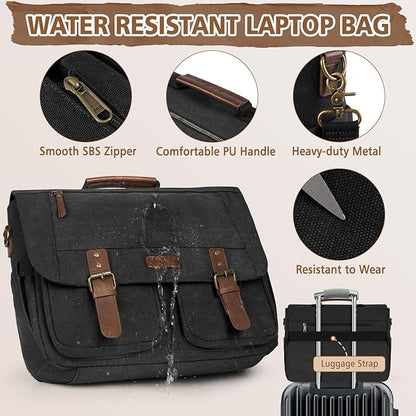 RAINSMORE Messenger Bag for Men, 15.6-17.3 inch Laptop Bag, Canvas Briefcase with Luggage Strap, Satchel for College Work