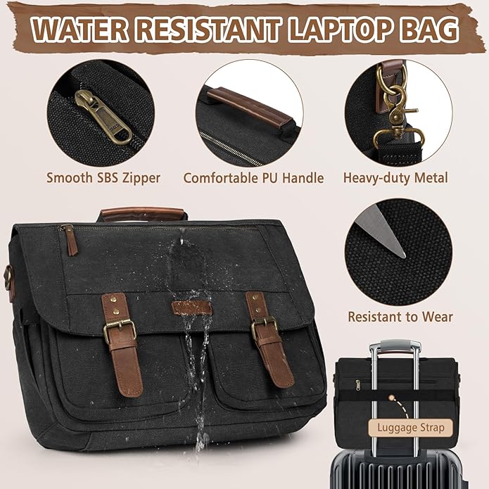 RAINSMORE Messenger Bag for Men, 15.6-17.3 inch Laptop Bag, Canvas Briefcase with Luggage Strap, Satchel for College Work
