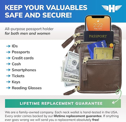 HERO Neck Wallet - RFID Blocking Passport Holder, Easy to Conceal Travel Pouch (Vegan Leather Brown)