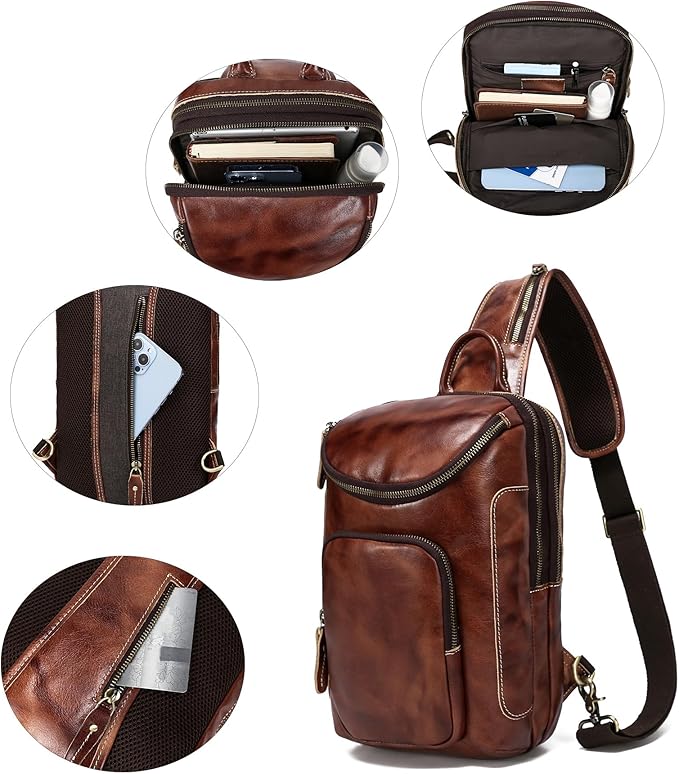 LANNSYNE Vintage Full Grain Leather Sling Bag Crossbody Chest Daypack | Vintage, Full Grain, Leather, Chest