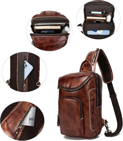 LANNSYNE Vintage Full Grain Leather Sling Bag Crossbody Chest Daypack | Vintage, Full Grain, Leather, Chest