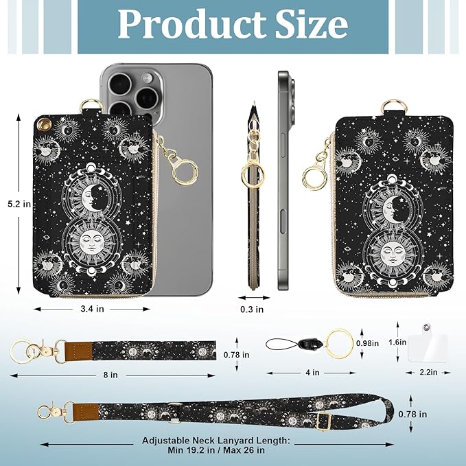 Sun and Moon Lanyard Wallet with ID Badge Holder, PU Leather Zipper Card Holder for Women, Boho Slim ID Case, RFID Detachable Neck Lanyard Wrist Strap with Keychain for Teacher Work Office
