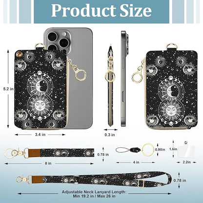 Sun and Moon Lanyard Wallet with ID Badge Holder, PU Leather Zipper Card Holder for Women, Boho Slim ID Case, RFID Detachable Neck Lanyard Wrist Strap with Keychain for Teacher Work Office