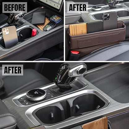 Car Seat Gap Filler Organizer with Charging Hole, In Between Car Seat Catcher for Car, Truck, SUV, Premium PU Leather Interior Accessories, Console Organizer for Phone, Keys and Small Items – Brown