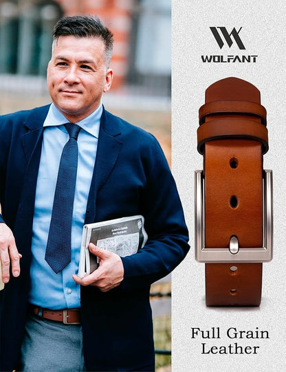 WOLFANT Men's 1.5" Full Grain Leather Belt,100% Italian Real Solid Leather