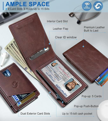 Wallet for Men, Slim Pop Up Card Holder with RFID Blocking, Minimalist Bifold Wallet with 9 Card Slots, ID Window and Cash Pocket, Metal Flip Case with Magnetic Closure, Gift Box