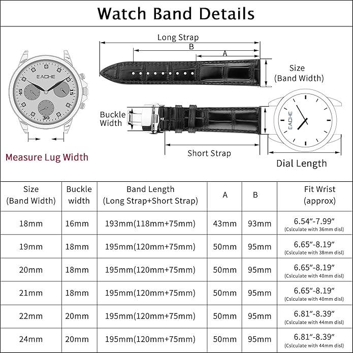 EACHE Croco Design Leather Watch Bands for Men Women,Quick Release Strap with Butterfly Deployment Buckle 18mm 19mm 20mm 21mm 22mm 23mm 24mm